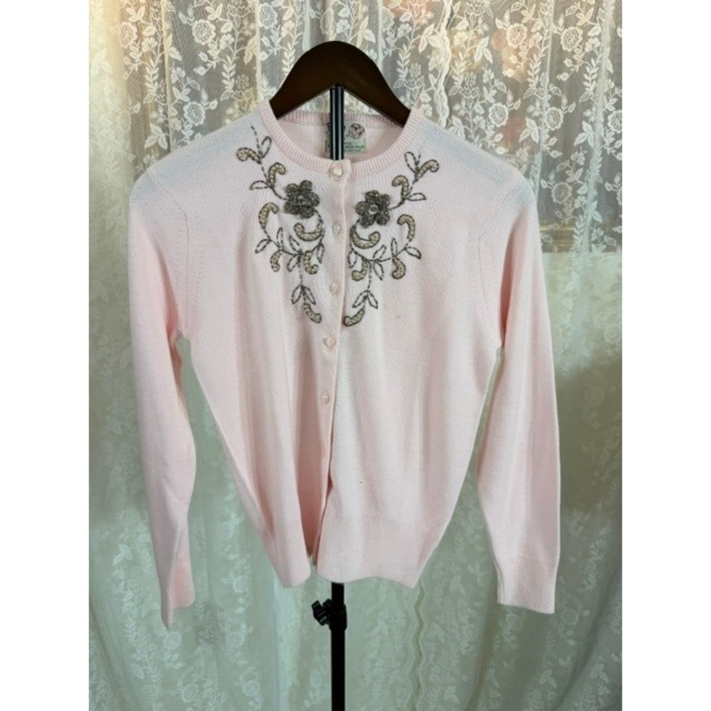 Vintage 1950's Franit Original Pink Beaded Cardigan Sweater Orlon Pearl Floral
